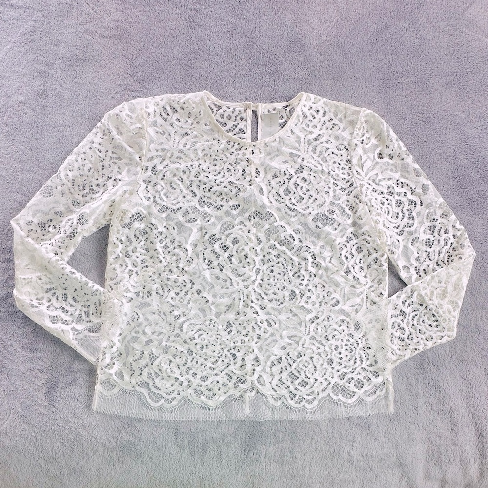 Michelle Mason Womens White Long Sleeve Crew Neck Lace Top Blouse S